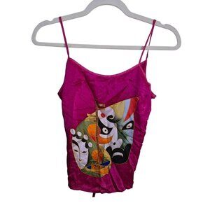 Tan 100% Silk Hot Pink Asian Inspired Graphic Tie Back Camisole Size S